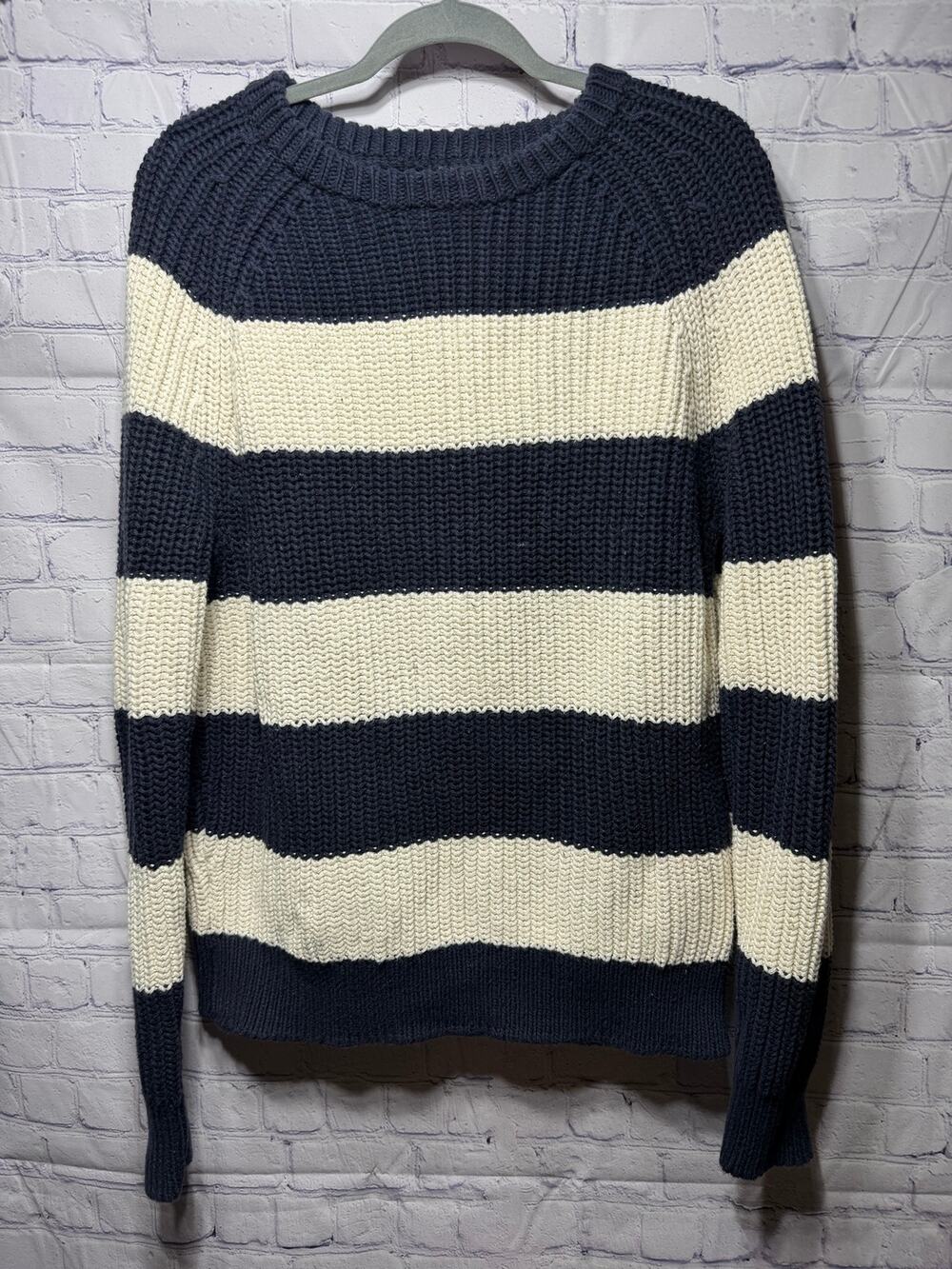 J.Crew Womens Chunky Crew Neck Striped Sweater Navy Sz M Fisherman